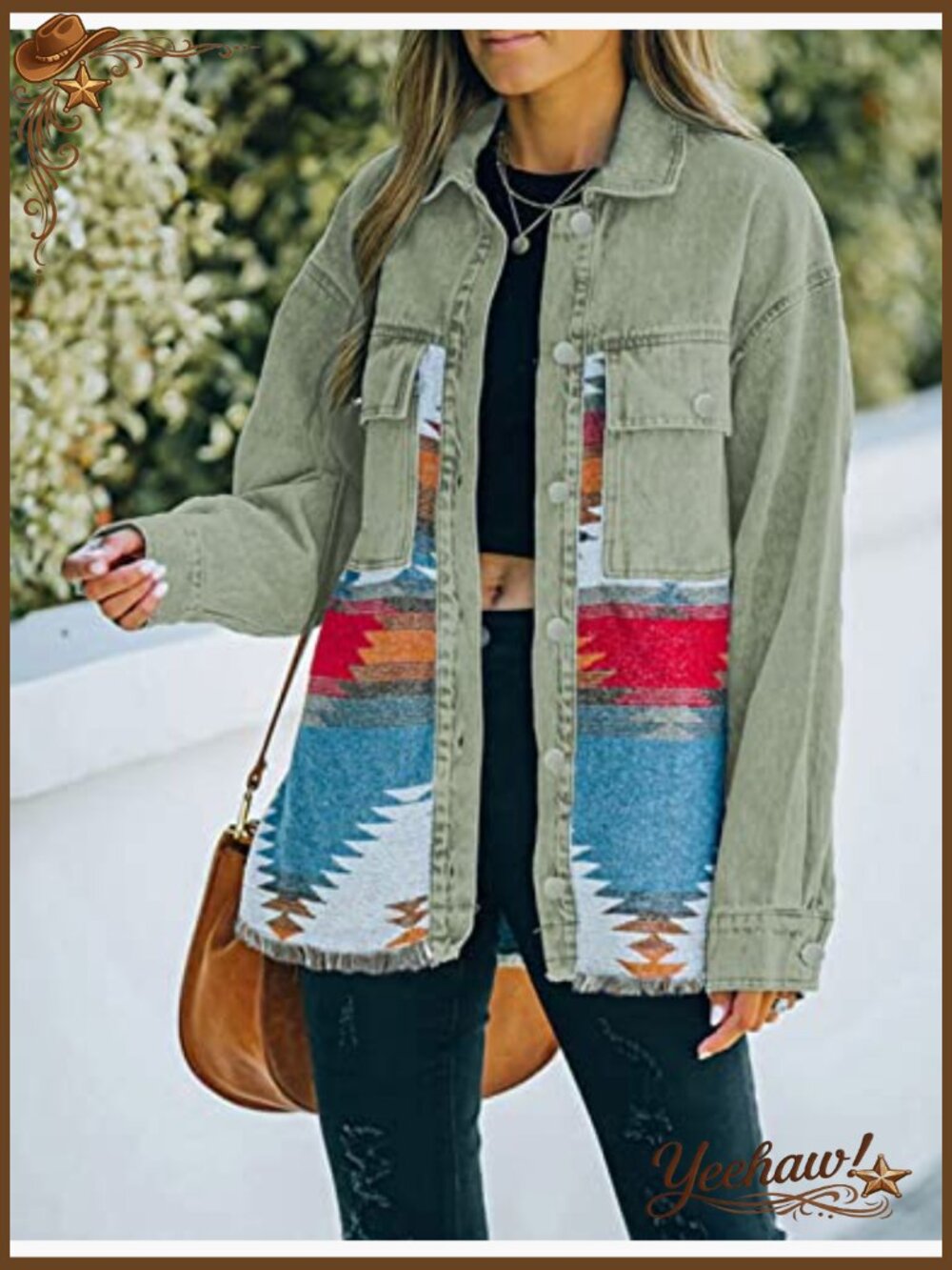 Womens Aztec Denim Jacket Distressed Lapel Long Sleeve Vintage Button Down - Picture 2 of 4